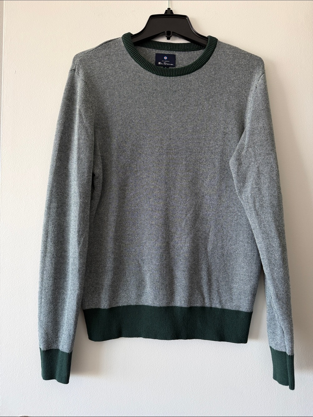 Ben Sherman Men's Crewneck Knit Sweater Heather Gray Forest Green Trim Small